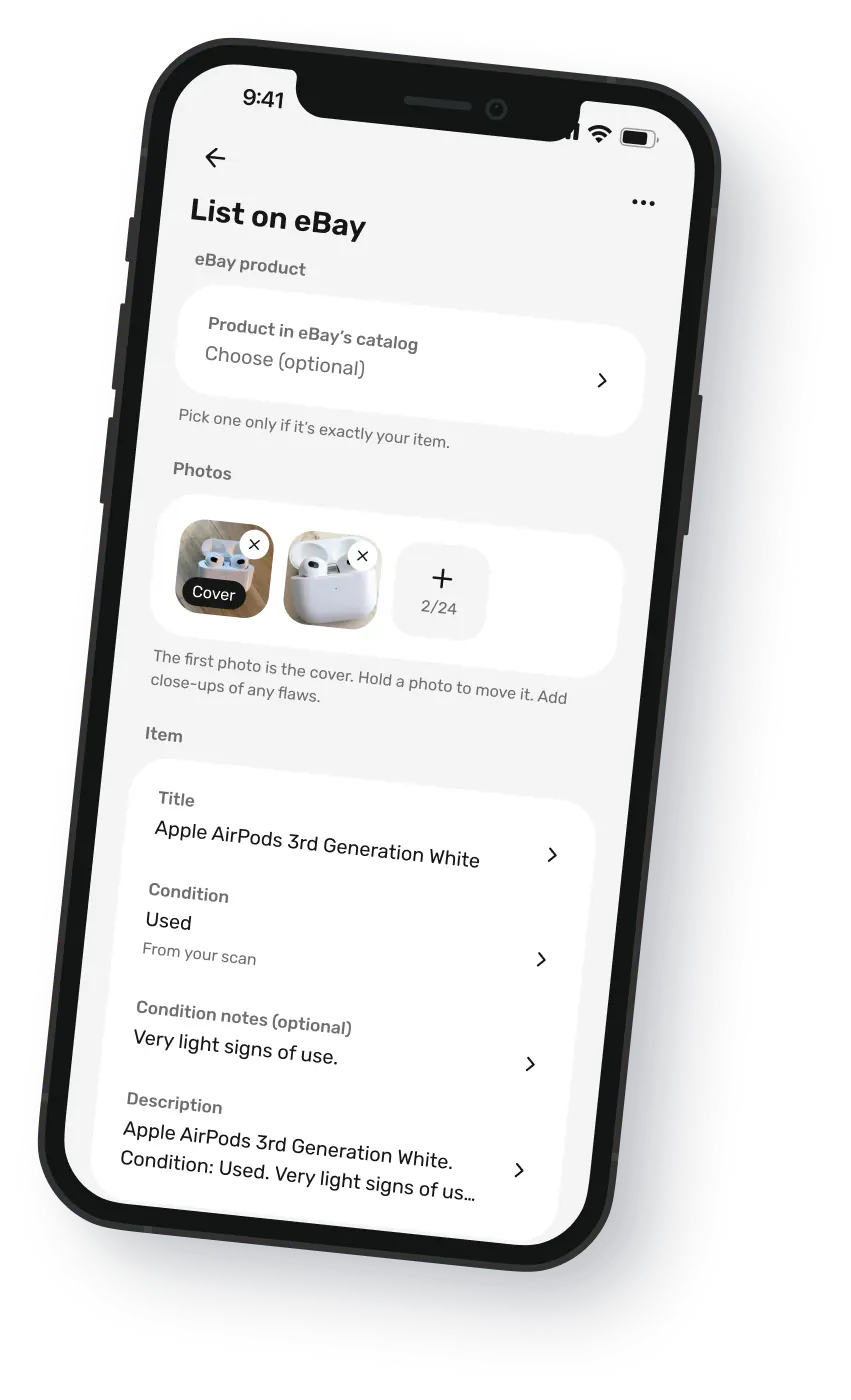 Worthy's listing form for AirPods, 3rd generation, with photos, title, condition and description filled in from the scan
